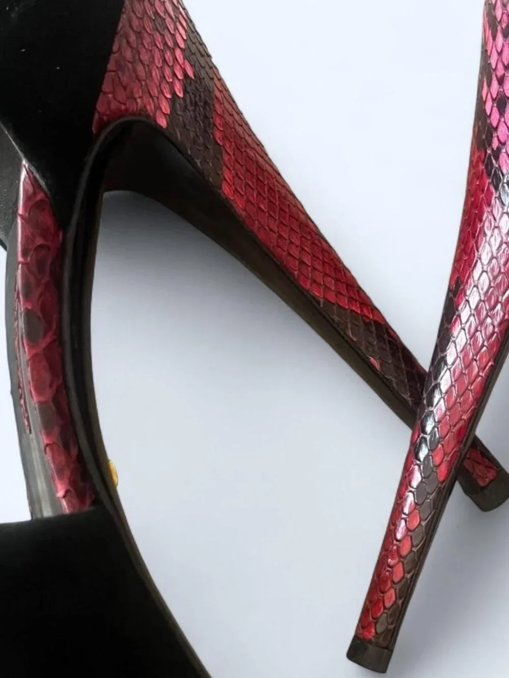 Epic Gucci black suede with red and pink Python Snakeskin platform heels  size 3